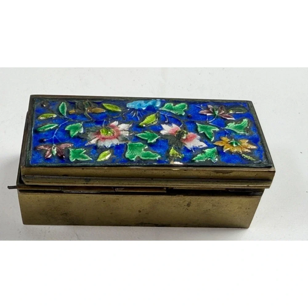 VTG Chinese Cloisonne Copper/Brass Enamel Floral Hinged Trinket Jewelry Box READ